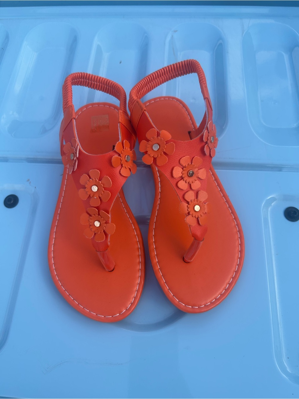 Girls' Orange Floral T-Strap Sandals with Elastic Heel